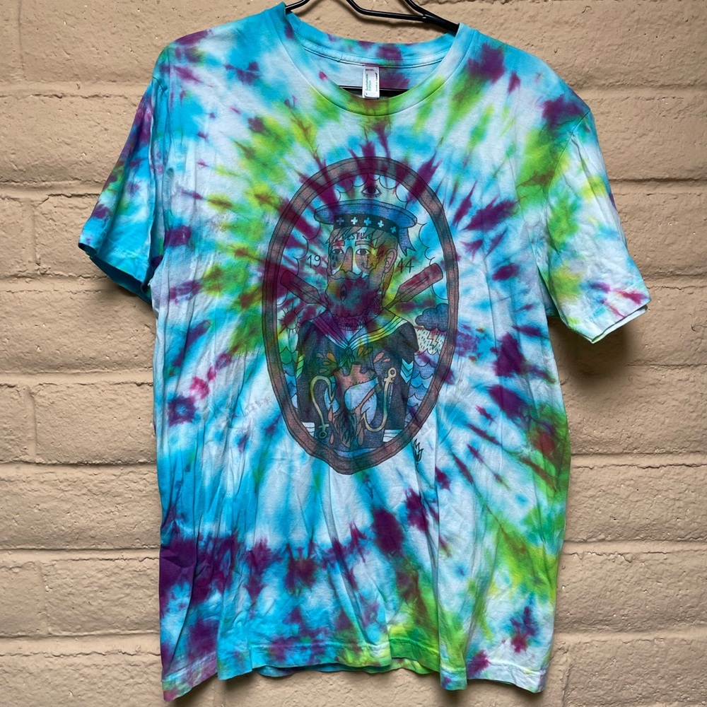 American Apparel Blue and Green Tie-Dye Graphic Tee